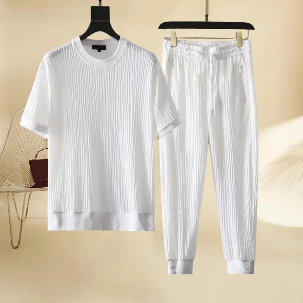 1 Set Attractive Beach Outfit  O-Neck Thin Men Top Trouseres  Male Round Neck Pleats Outfit