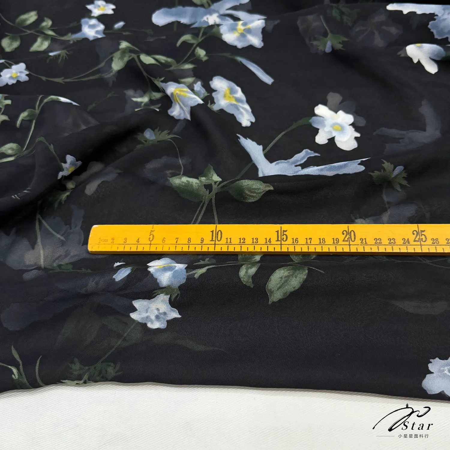 14 Momme Silk Fabric Black Blue Small Floral Silk Scarf Silkworm Silk Satin Fabric