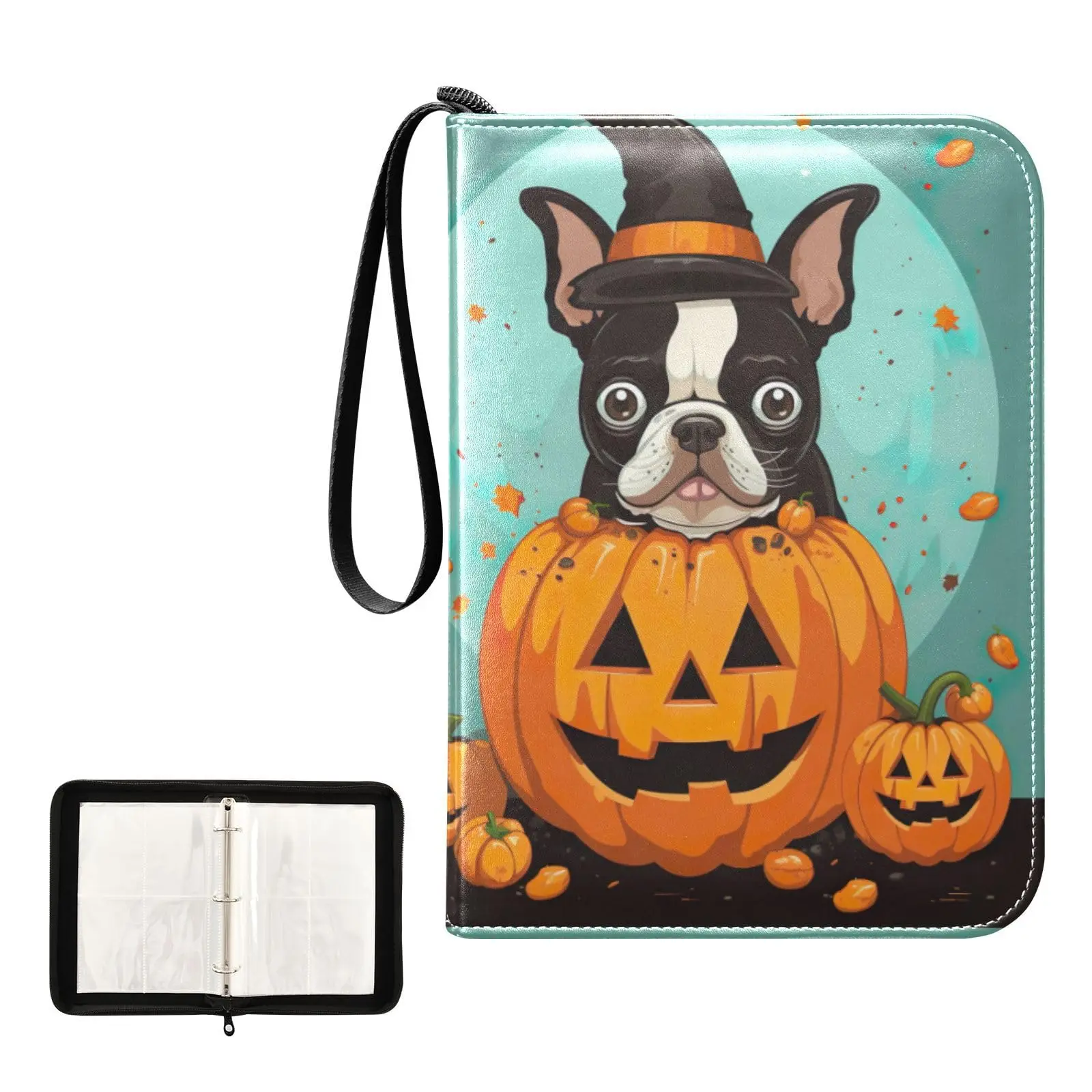 

Halloween Pumpkins Pug Dog 4 Pocket Cards Binder, 400 Double Sided Pocket Album Sport Game Cards, Unique Card Collection Storage