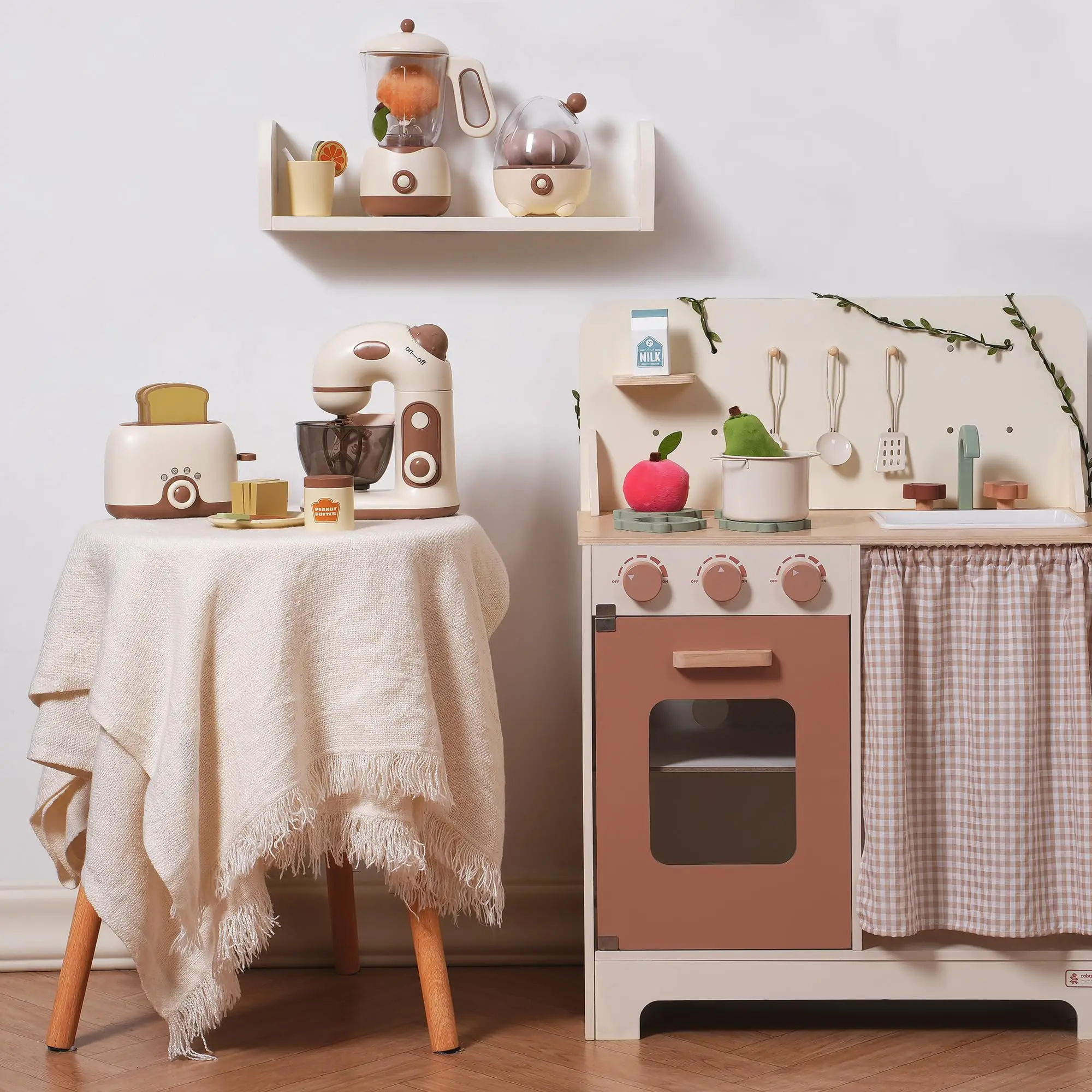 ROBOTIME Houten speelgoedkeukenset Speelkeukenblender met realistische geluiden Speelkeukenaccessoires Speelgoedvoedselset voor peuters