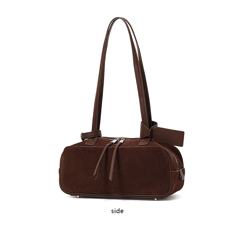 Echte Rindsleder-Damenhandtasche, Einzel-Schulter-Unterarmtasche, Wildleder-Gebürstete Bowling-Tasche – Detail 8