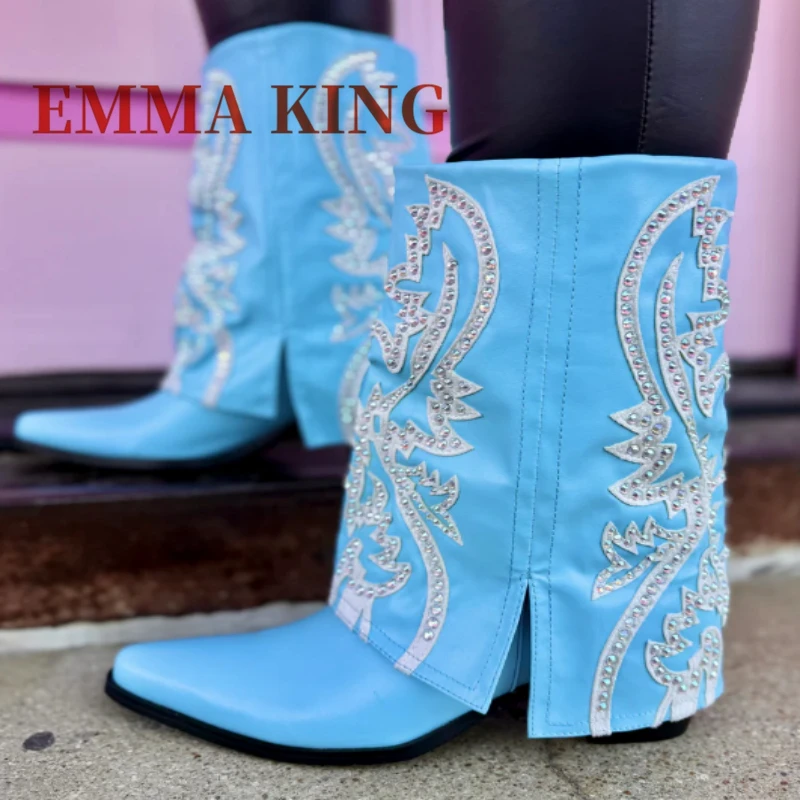 

Pointed Toe Foldover Western Boot Crystal Decor Chunky Wedge Heel Mid-calf Boot for Women 2025 New Zapatos Para Mujere 35-44