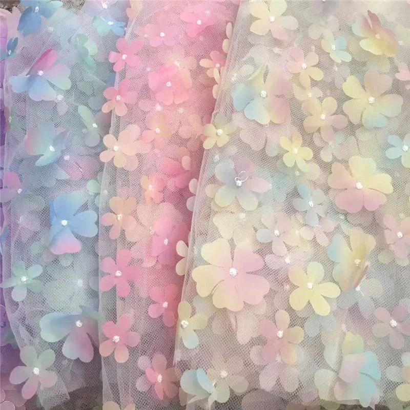 

1yard Rainbow Color Flower Mesh Fabric 3D Applique Gradient Flowers Embroidery Fabric Dress Children's Clothing DIY Sewing Cloth