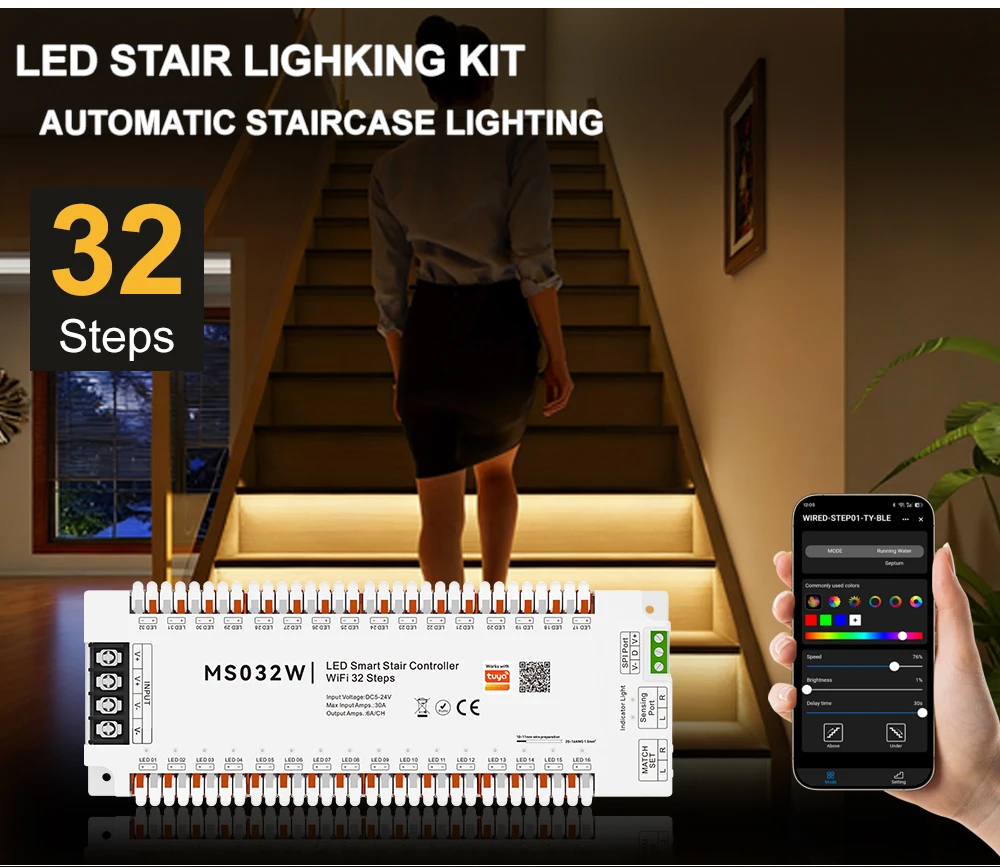 Kit de contrôle automatique d'éclairage d'escalier intelligent Tuya Smart APP Bluetooth wifi zigbee avec capteur de mouvement LED 12V 24V 32 canaux