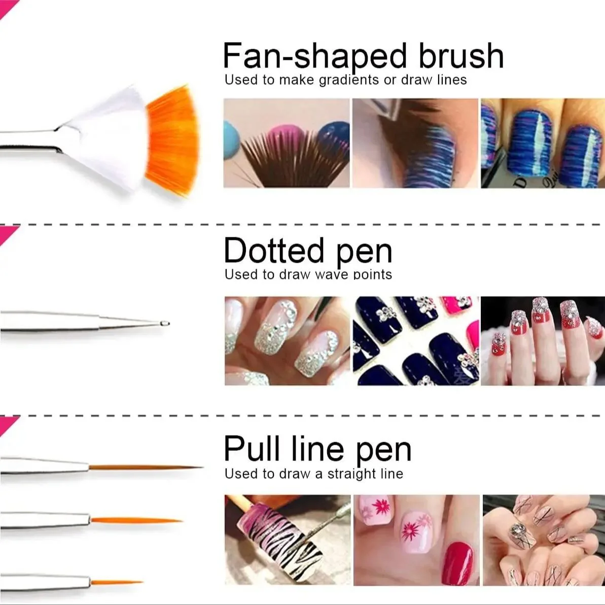 34 piece brush, rhinestone, gold and silver thread set with diverse styles suitable for home/nail salon use