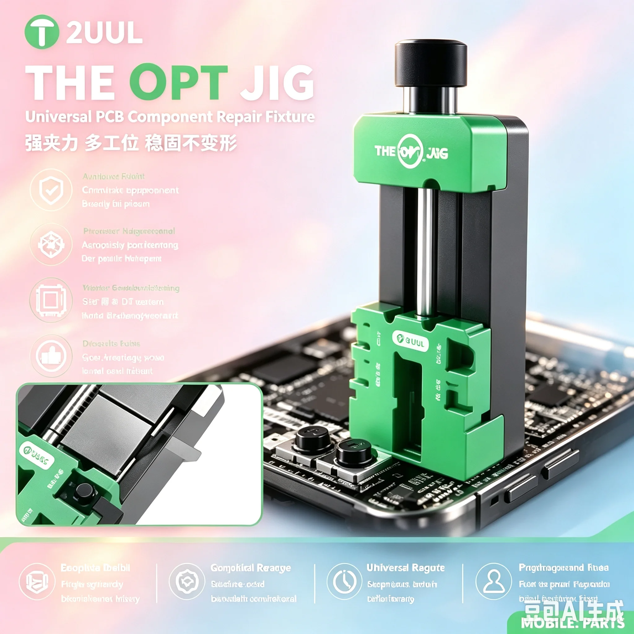 2UUL repair fixture for mobile phone camera and Face ID modules, compatible with models ranging from iPhone X to iPhone 17 Pro.