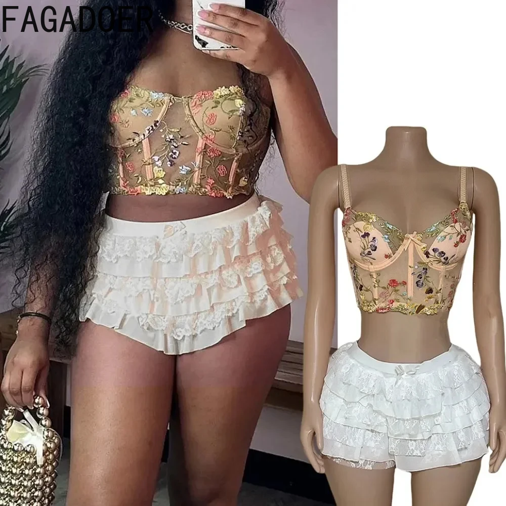 

FAGADOER Y2K Ruched Skirts Two Piece Sets Women Embroidery See Through Corset Crop Top+Skirts Shorts Outfits Fashion Streetwear