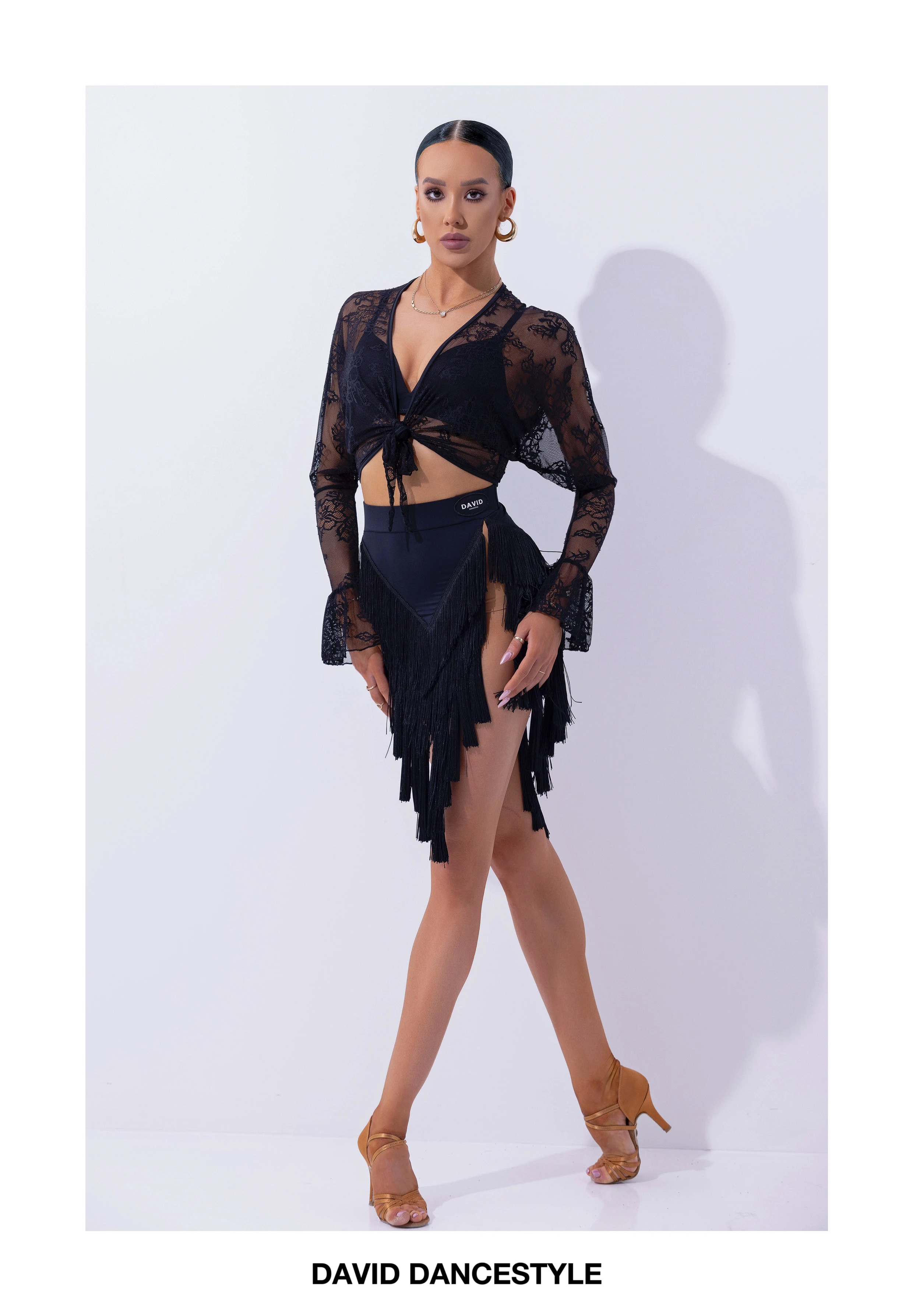 UK latin dansjurk Meisjes 2-delige trainingsset met kanten schouderophalen, Salsa-oefenkleding met hoge split en franje