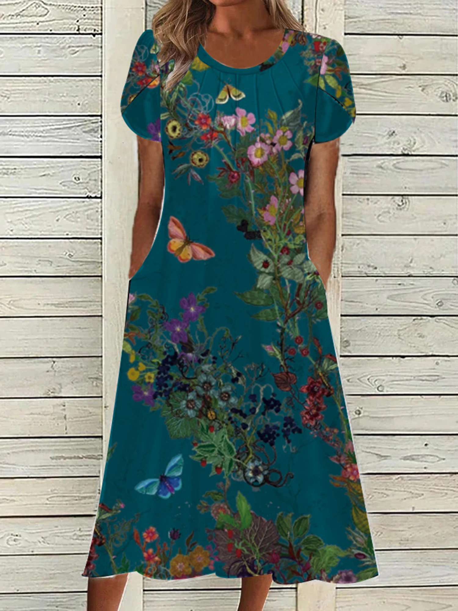2025 Europe and the United States summer fashion new women discount printed round neck dress pocket long skirt women