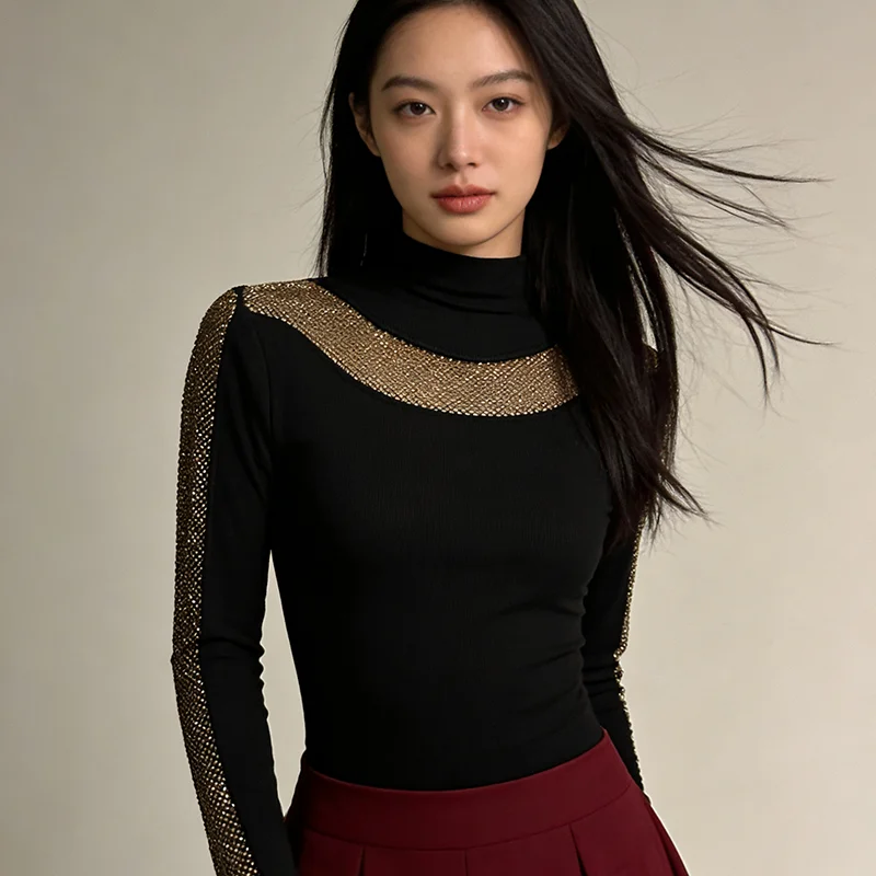 MadBlack-Women European T-Shirt, Sexy Turtleneck Hot Diamond, Workwear Long Sleeve Slim M-3XL Knit Tee, 2026 Autumn New T6O813CC