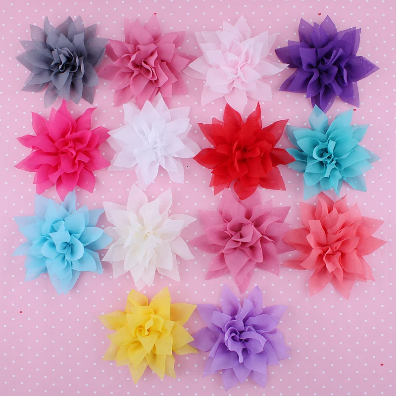 

200pcs/lot4.4" 14 Colors Vintage Tull Chiffon Hair Flowers Artificial Soft Fabric Flowers