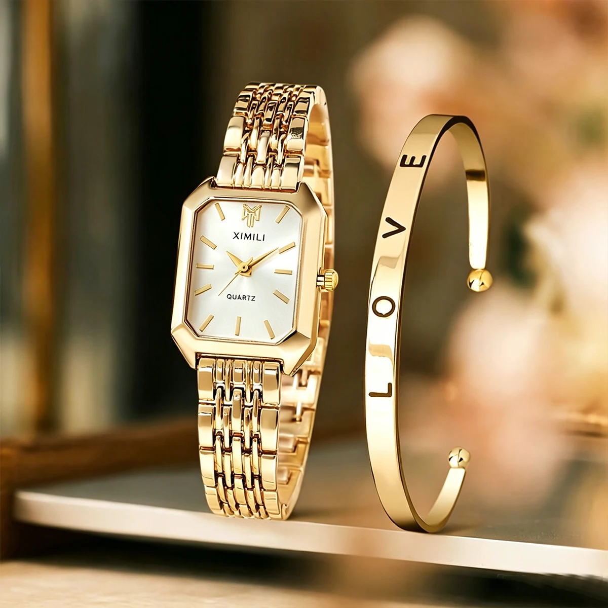 

2PCS/set Luxury Women Watches Fashion Rectangle Ladies Quartz Watch Opening Cuff Bracelet Set Relogio Feminino