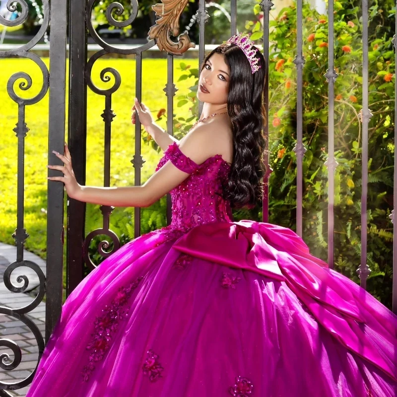 Rose Red Quinceanera Dress Ball Gown Off The Shoulder Applique Lace Beading Crystals Bow Corset Sweet 16 Vestido De 15 Anos