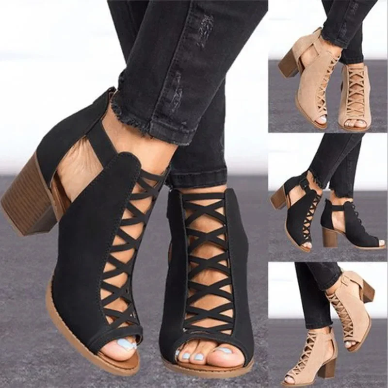 2024 Women Square Heel Sandals Peep Toe Hollow Out Chunky Gladiator Sandals with Strap Black Spring Summer Shoes HVT791