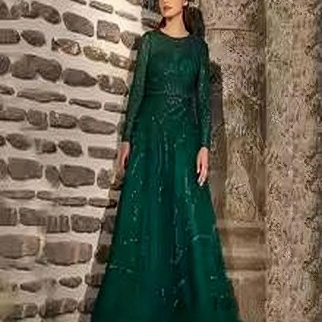 

Customized O-Neck Long Sleeve Women Party A-Line Floor Length formal evening dresses birthday party prom gowns for women