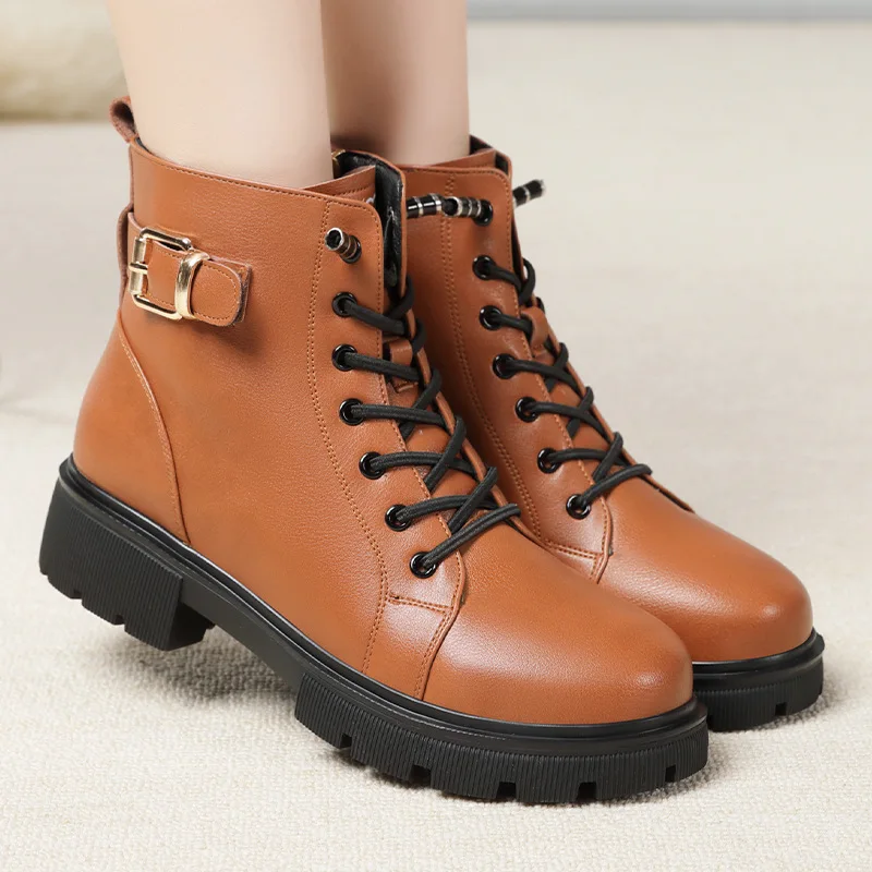 2024 Short Shoes for Women Female Ankle Boots Platform with Laces Combat Lace-up Footwear Chunky Booties Punk Style Leather