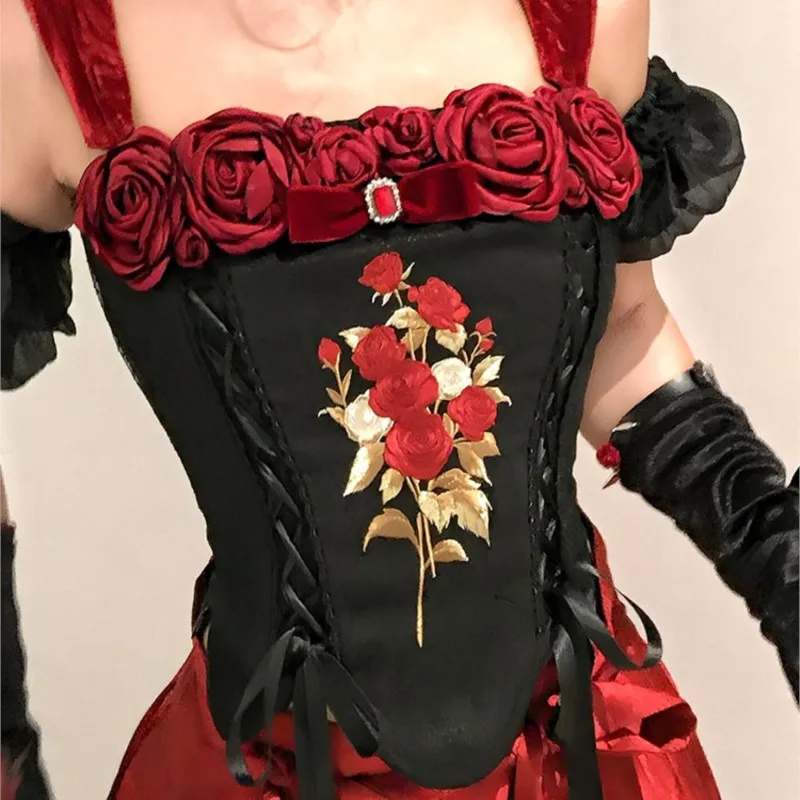 New Chinese embroidery retro black red rose dress fashion style top skirt two-piece set