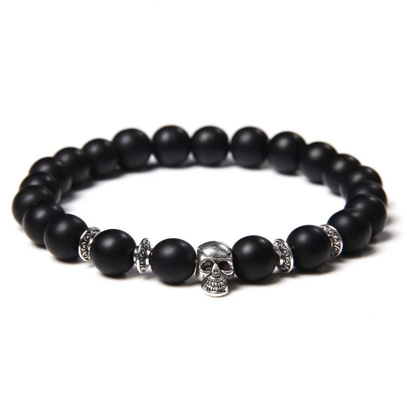 Cool Silver Color Skull Charm Bracelets Men Classic Natural Stone Black Onyx Hematites Beaded Bracelets For Men Pulseras Mujer