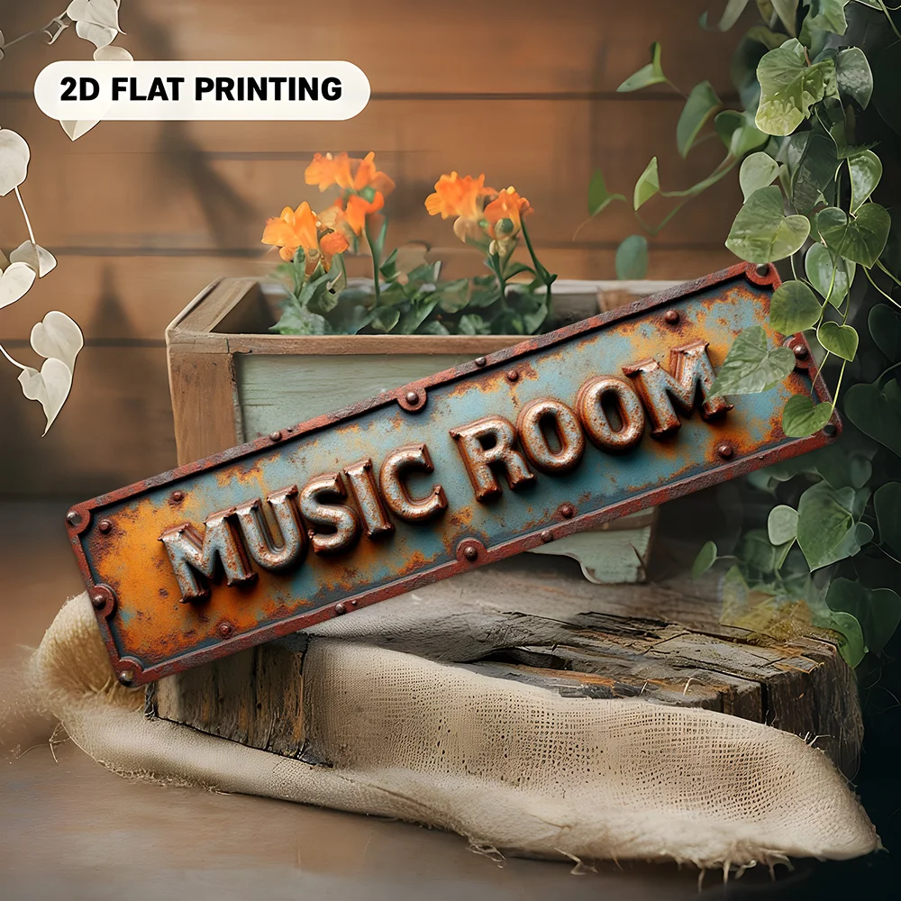 2D-Metallschild, flache Aluminiumplatte, rostiger 3D-Texturbuchstabe „MUSIC ROOM“, Vintage-Optik mit verwittertem Hintergrund und Schrauben, Orange-Blau