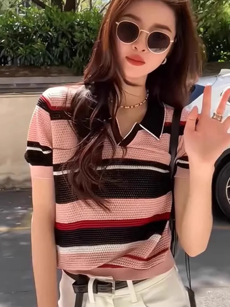 

Модный полосатый цветной трикотаж Blo для поездок на работу, лето 2021, ледяной шелк, повседневный ор Sve, корейский дизайн, женский...