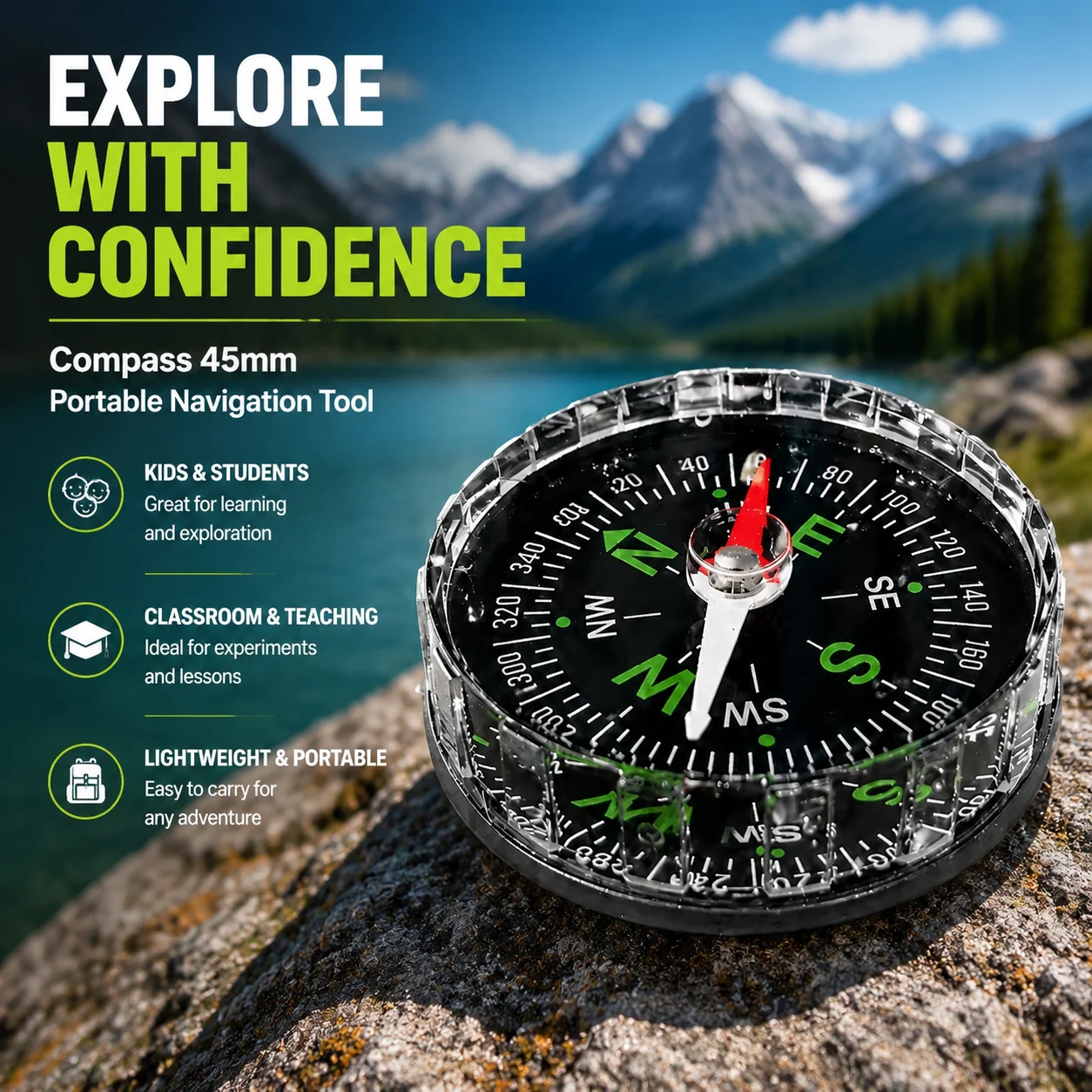 Compass 45mm Portable Navigation Tool for Kids Students Classroom Outdoor Experiment Teaching, Lightweight English Marked