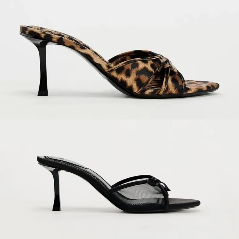 Sandalias de tacón alto con estampado de leopardo para mujer, zapatos femeninos de tacón alto con lazo de arrastre, con una sola Correa, novedad de