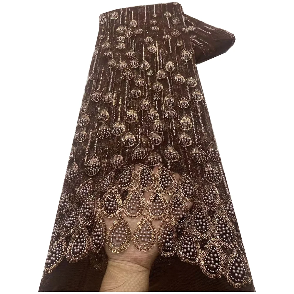 アフリカチュールビーズレーススパンコール生地 Fashionial 5 ヤードメッシュ素材女性のためのパーティードレス高級ビーズレース