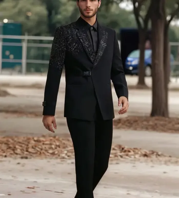 

Black Men Suit Set 2 Pcs Blazer+Pants Trousers Glitter Crystals Formal Office Coat Wedding Tuxedo Customized Jacket Outfit