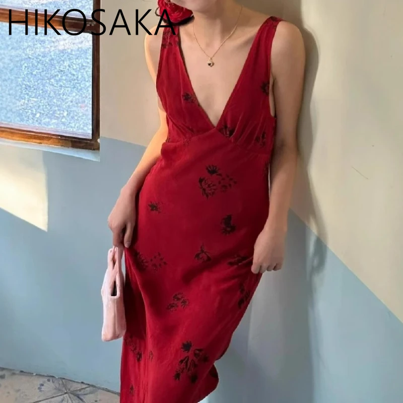 

French Style Retro Print Dress Sexy Deep V-neck Sleeveless Temperament Fishtail Robe Elegant Beach Vacation Trumpet Vestido Moda