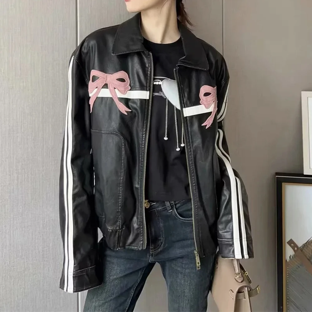 Vintage Jacket Women Jackets Sweet Casual Pu Leather Fashion Polo Neck Motorcycle Short Coat Street Oversize Female Tops