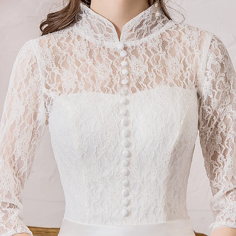 Elegant Princess Floor-length Plus Size Women Bride Ball Gowns Stand-up Collar Wedding Party Dress Evening Dresses for Women