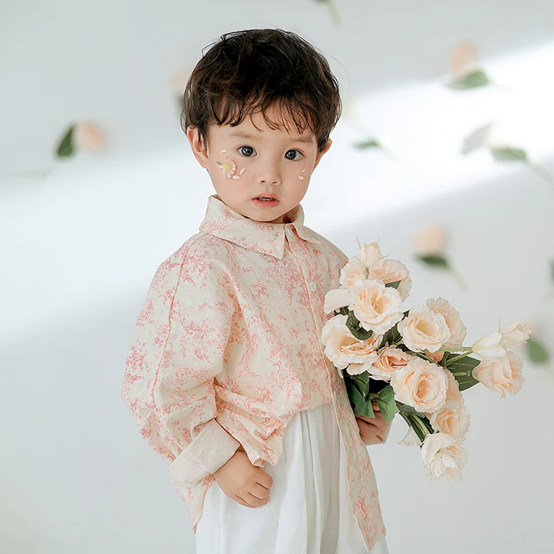 Children'S Photography Clothing 3-4 Year Old Baby Pink Printed Shirt  Artificial Flowers Posing Props Studio Photo Accessories