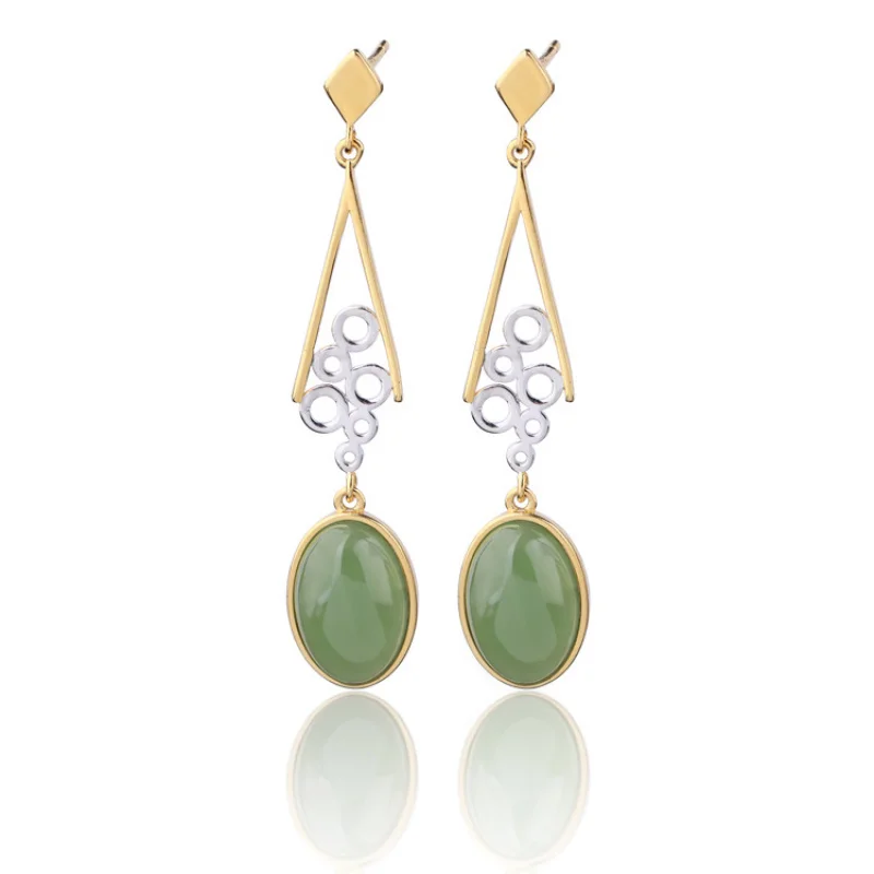 Ancient Style Hanfu Earrings 925 Sterling Silver Gold Plated Color Inlaid Hollow Egg Surface Hetian Jade Jasper Earrings for Wom 5