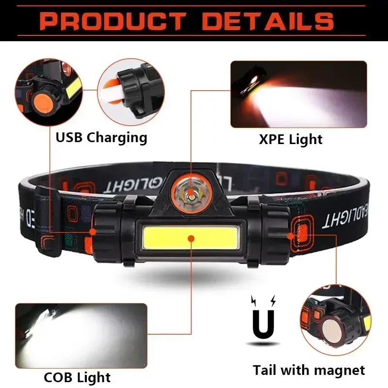 KDULIT Mini COB LED Headlamp Built-in 18650 Battery Usb Rechargeable Waterproof Outdoor Camping Fishing Emergency Headlight