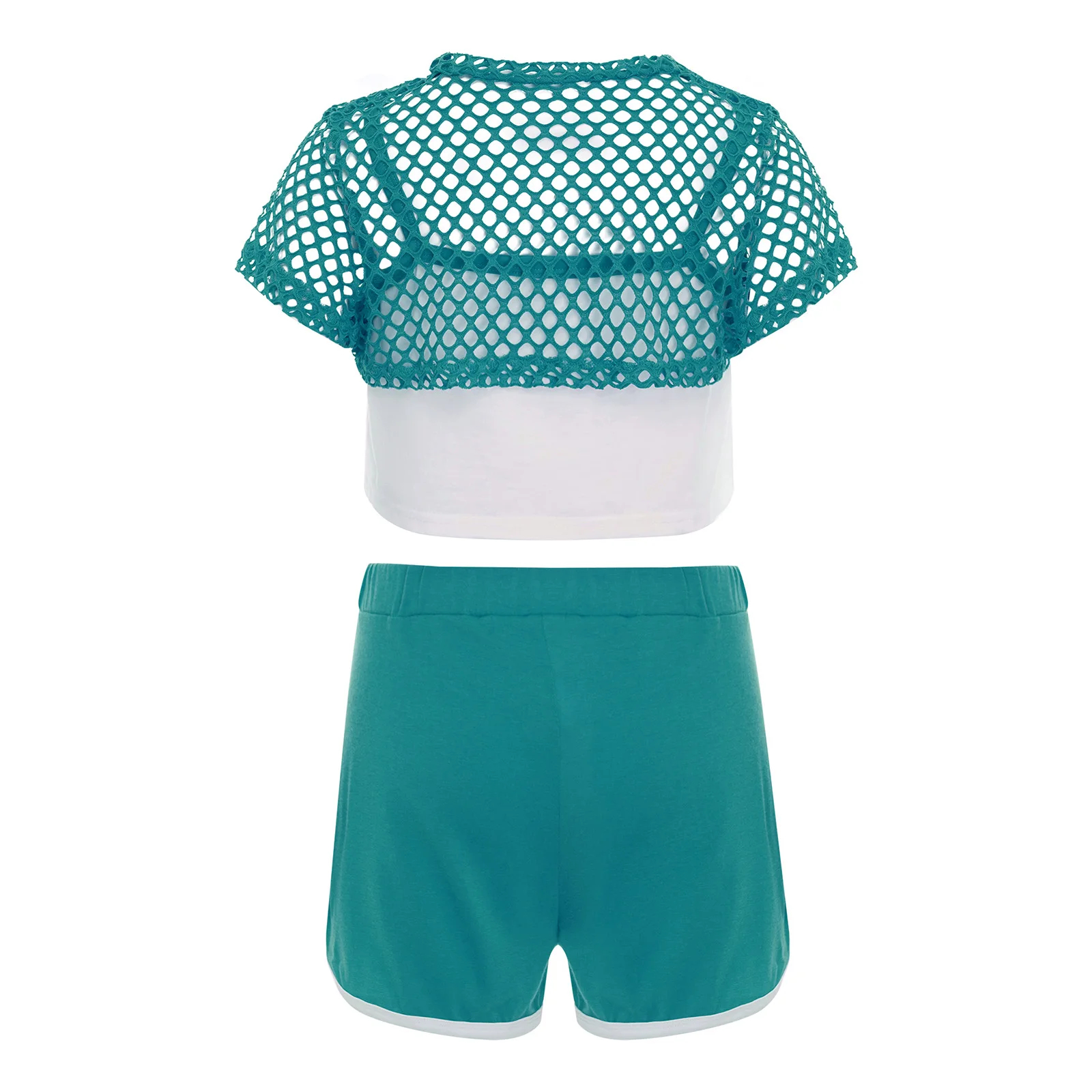 Costume da ballo di strada hip-hop per bambina, 3 pezzi, casual, manica corta, scava fuori, top corto in rete, camicia + canotta, gilet + pantaloncini