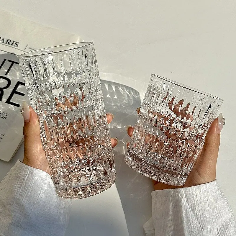 

Nordic Luxury Vintage Embossed Glass Cup for Home Use Milk Beer Juice Whiskey Cup Stainless Steel Wine Glass Unique Shape