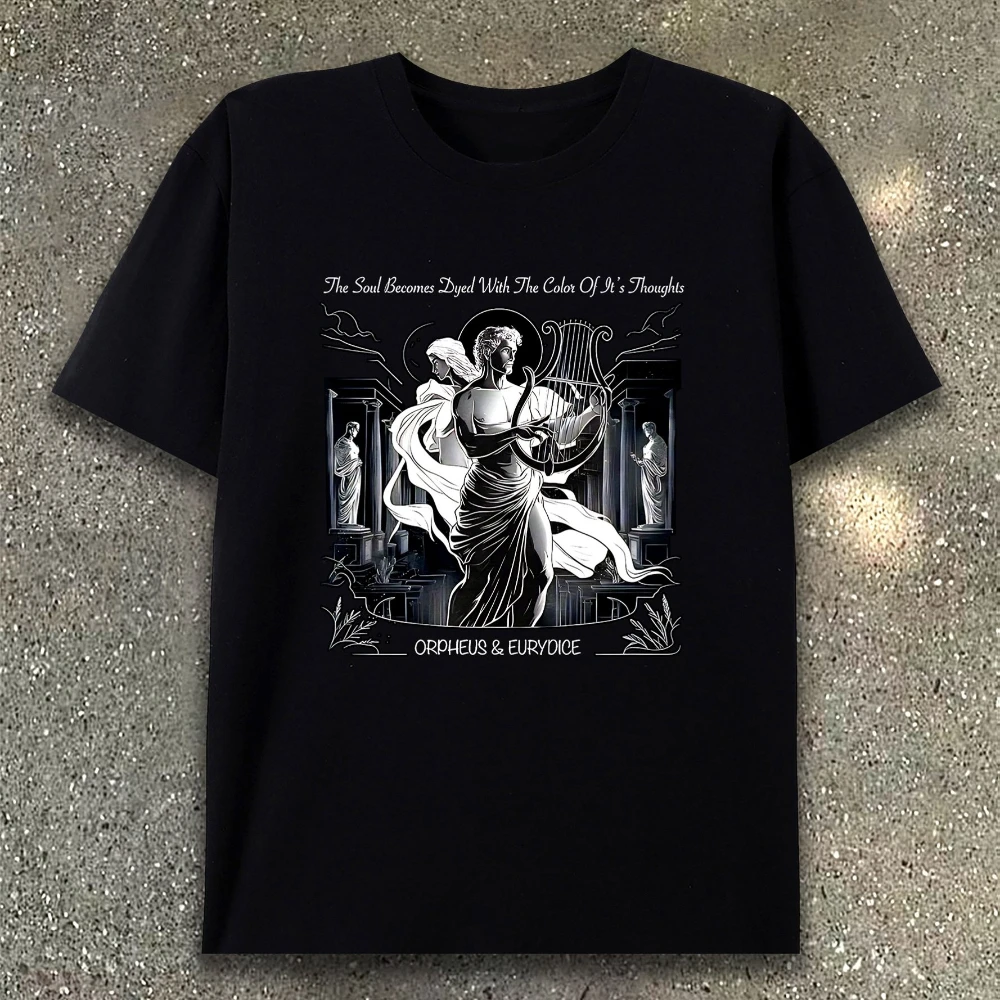Camiseta de Mitología Griega para Hombre, Diseño Retro de Orfeo y Eúrida con Lira y Arte del Mundo Subterráneo, con Diseño de las Metamorfosis de Ovidio en Latín