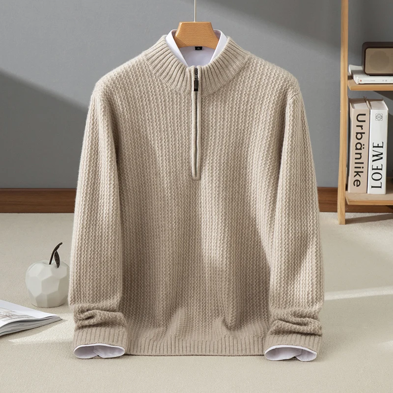 

High quality 100% cashmere men's pullover knit sweater Pull luxury thick Jumper Mock Neck zipper Tops trendy men's streetwear