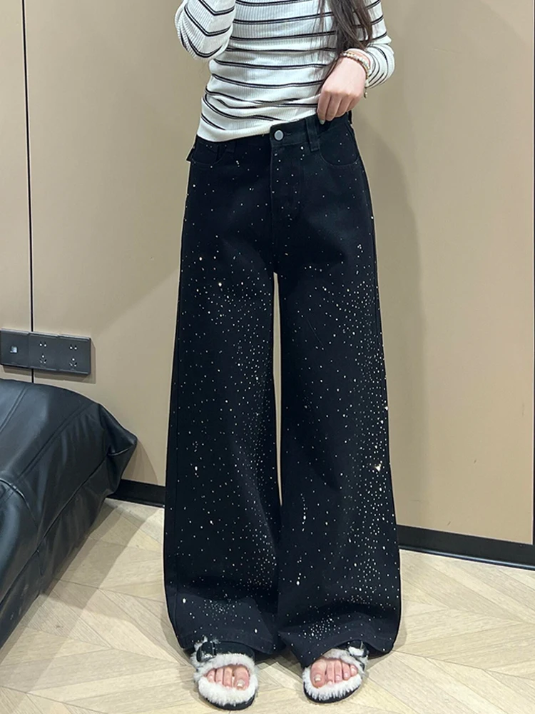 

American High Street Waed out Distred Denim Wide Leg Pants for Women Autumn Loose Fitting Floor Length Trousers