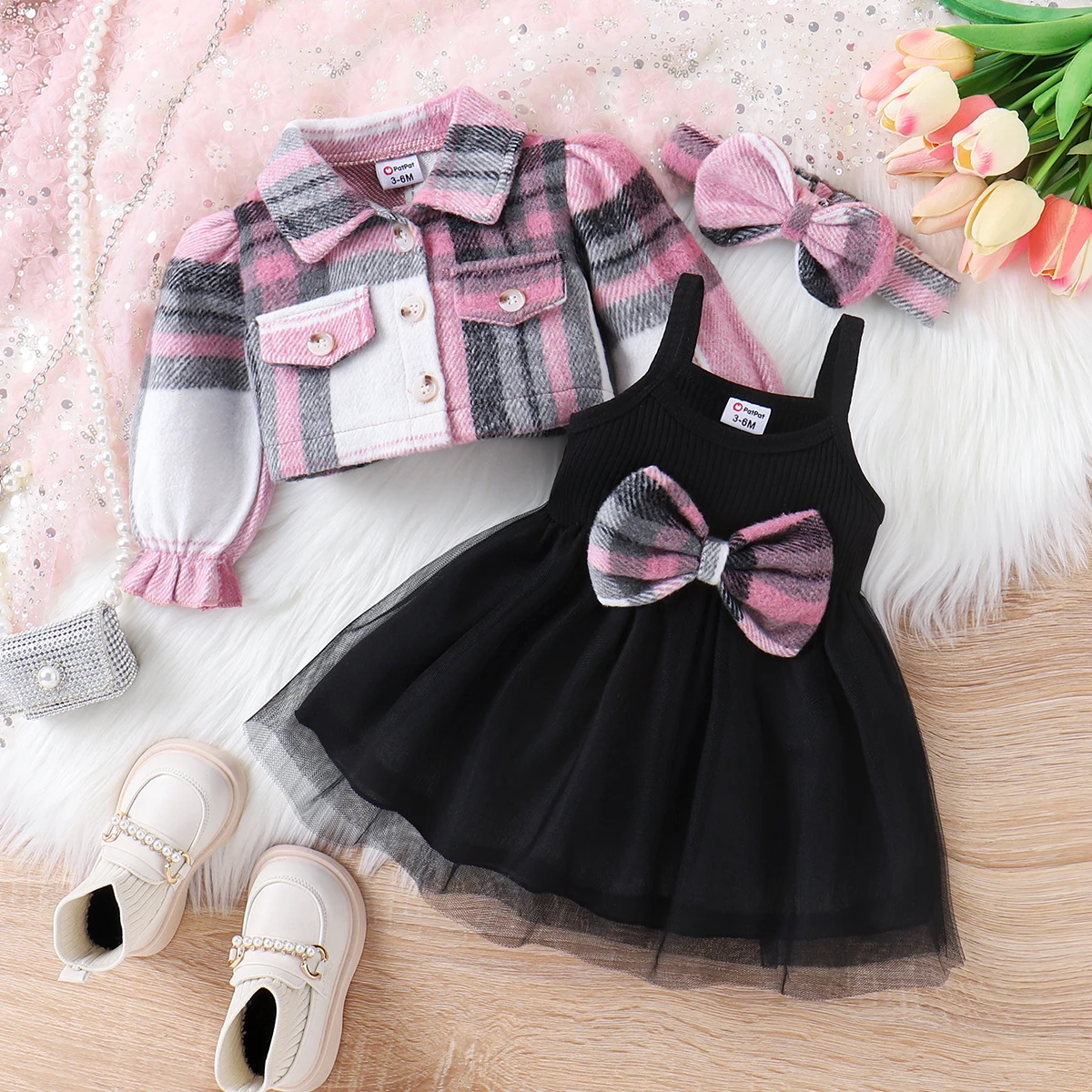 

PatPat 3pcs Baby Girl Sweet Pink Plaid Wool Blend Mesh Dress Set with Headband