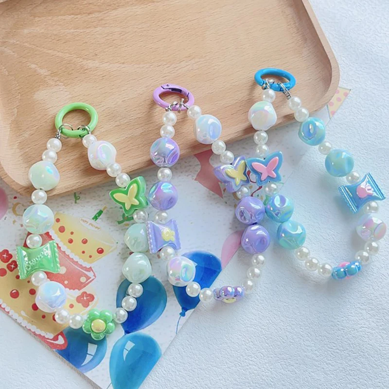 Mobile Phone Lanyard New Candy Color Flower Beading Cute Girl Butterfly Accessories Mobile Phone Case Key Chain Bracelet