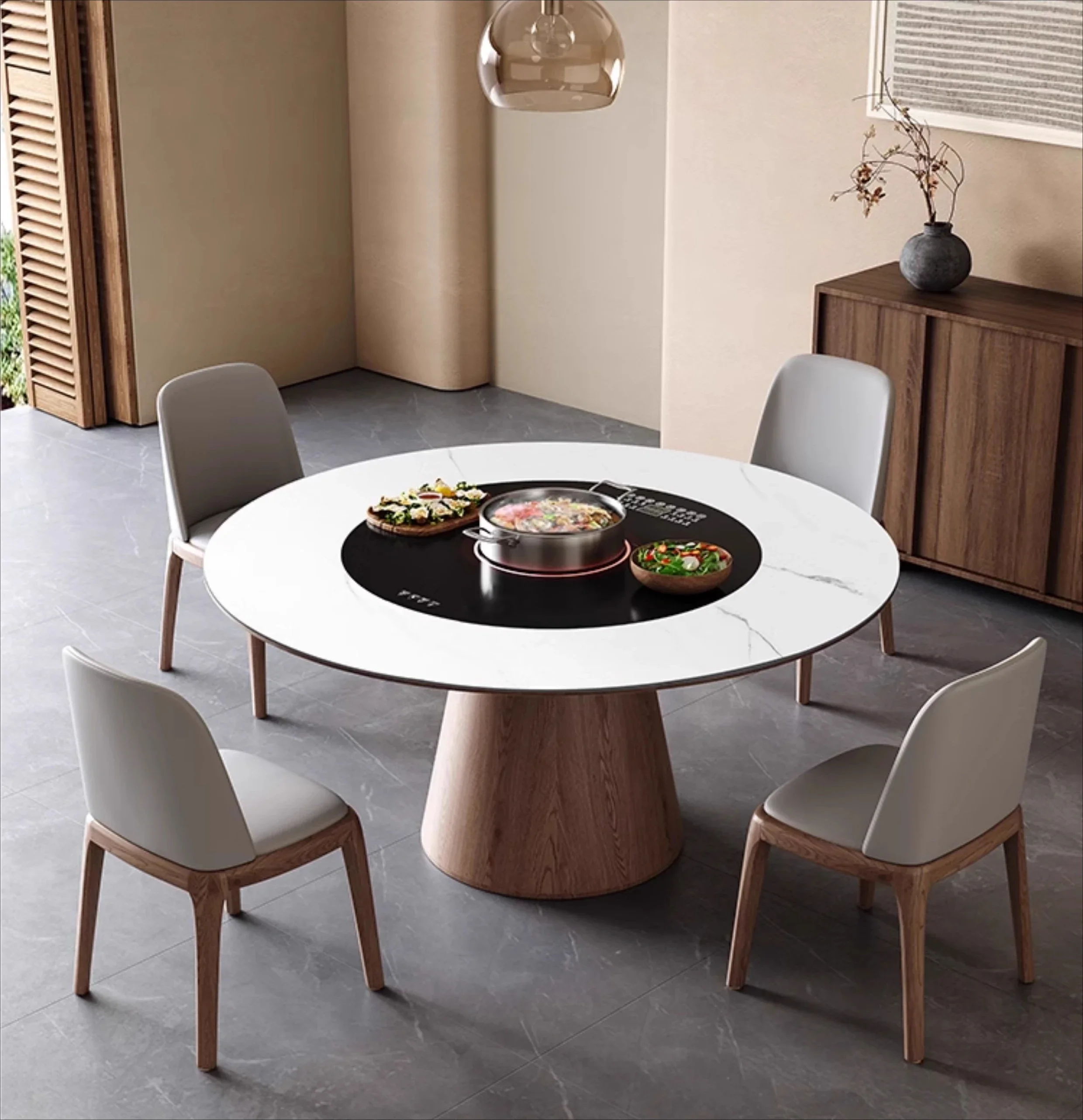 

Medieval style round table embedded electric rotating vegetable warming turntable with induction cooker solid wood dining table