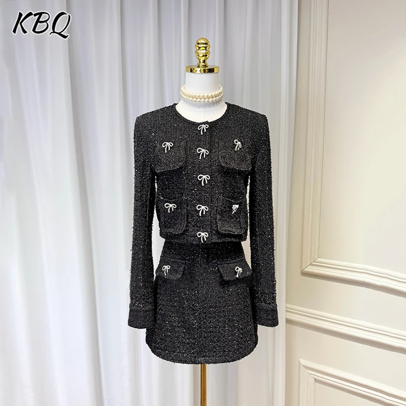 KBQ Solid Patchwork Bowknot Two Piece Set For Women Round Neck Long Sleeve Coat High Waist Mini Skirt Temperament Sets Female