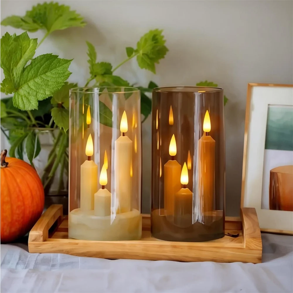 Flickering 3 Wick LED Candles Light Flameless 3-in-1 Electronic Lamp for Home Festival Holiday Party Wedding Anniversary Decor