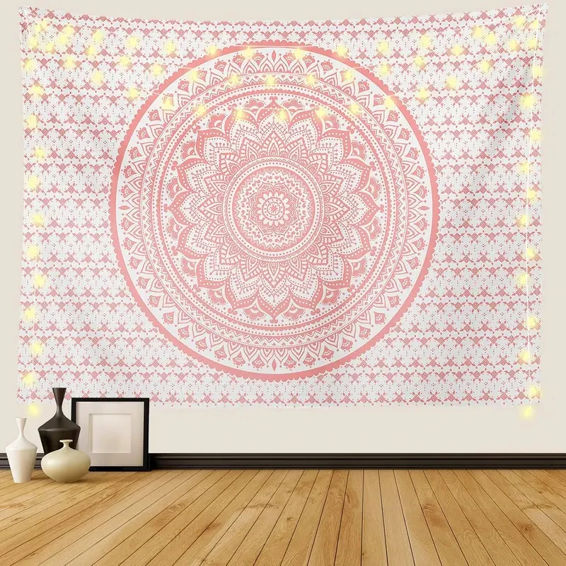

VIKAMA Pink White Boho Mandala Tapestry, Ethnic Floral Print Wall Hanging for Bedroom, Living Room, Dorm & Bohemian Home Decor