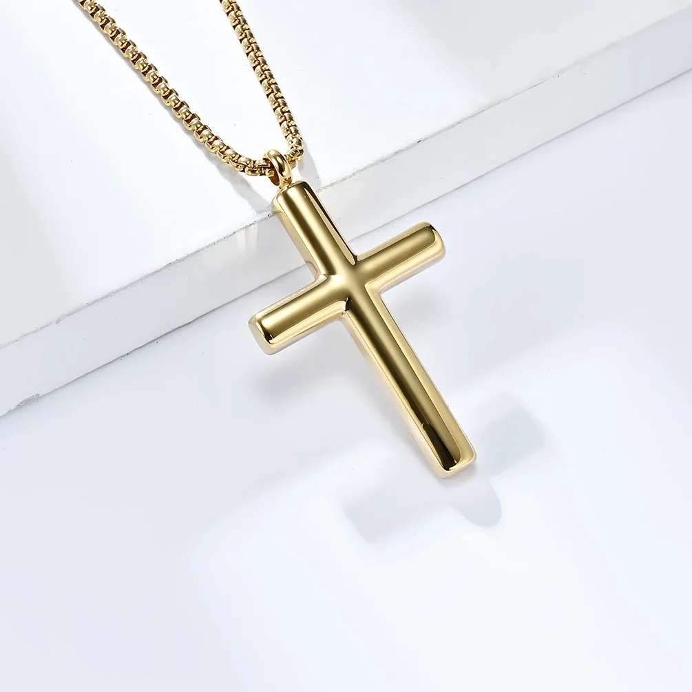 JHSL Men Cross Pendants Statement Necklace Fashion Christian Jewelry Chain Stainless Steel Black Gold Silver Color Smooth Finish