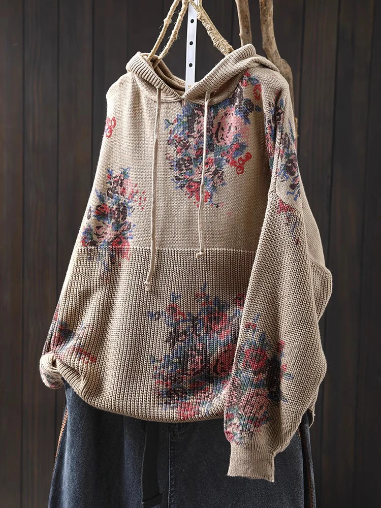 Women Casual Hooded Sweaters New Arrival 2025 Spring Vintage Style Floral Print Loose Female Long Sleeve Knitted Pullovers M380