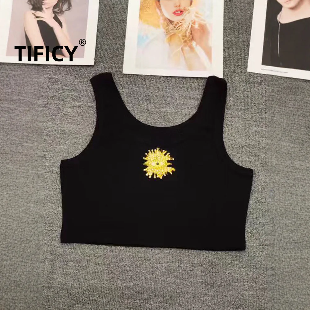 

Футболки High Street, женские майки в стиле ретро, металлический лист, украшение для глаз, короткий жилет, летняя мода, универсальная эластичная вязаная майка