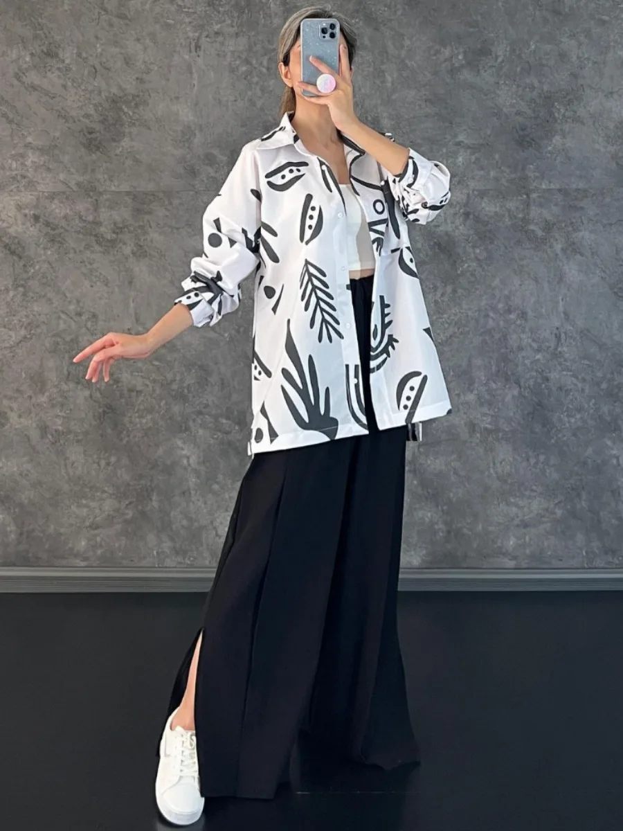 Women Eid Muslim Sets Two Pieces Morocco Ramadan Ensemble Kaftan Print Shirts Wide Leg Pants Casual Pockets Islam Dubai Suits