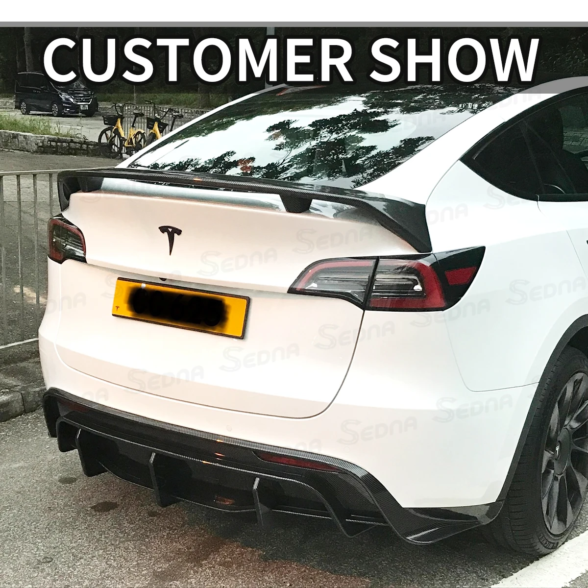 For 2021-2024 Tesla Model Y Carbon Fiber Pattern & Black Body Kit - Rear Spoiler Diffuser, and Lip Enveloping Car Accessories